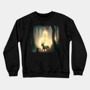 Girl in magical forest surrounded by animals Crewneck Sweatshirt